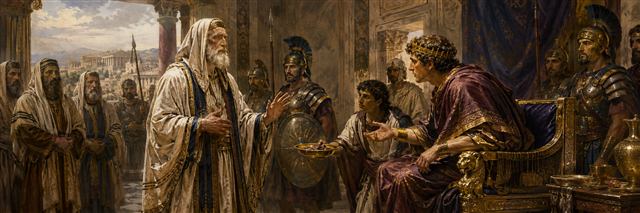 The elderly Eleazar calmly refuses forbidden food while reasoning with Antiochus before the royal tribunal